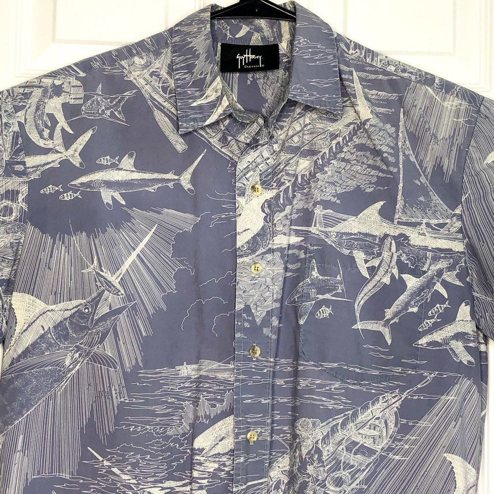 Guy Harvey M Blue White Short Sleeve Camp Shirt
